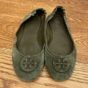 Green suede Tory Burch Minnie Ballet, size 10.5